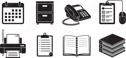 Collection of nine black office and business icons on white background calendar filing cabinet
