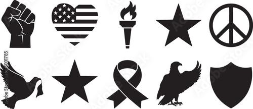 Collection of nine black patriotic and symbolic silhouette icons on white background fist raised fist