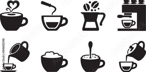 Collection of nine minimalist black vector coffee and espresso icons steam