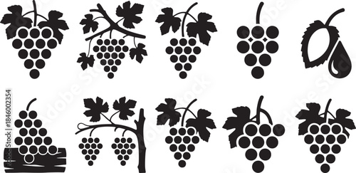 Collection of nine black vector grape clusters and leaves with vine elements grapes bunch