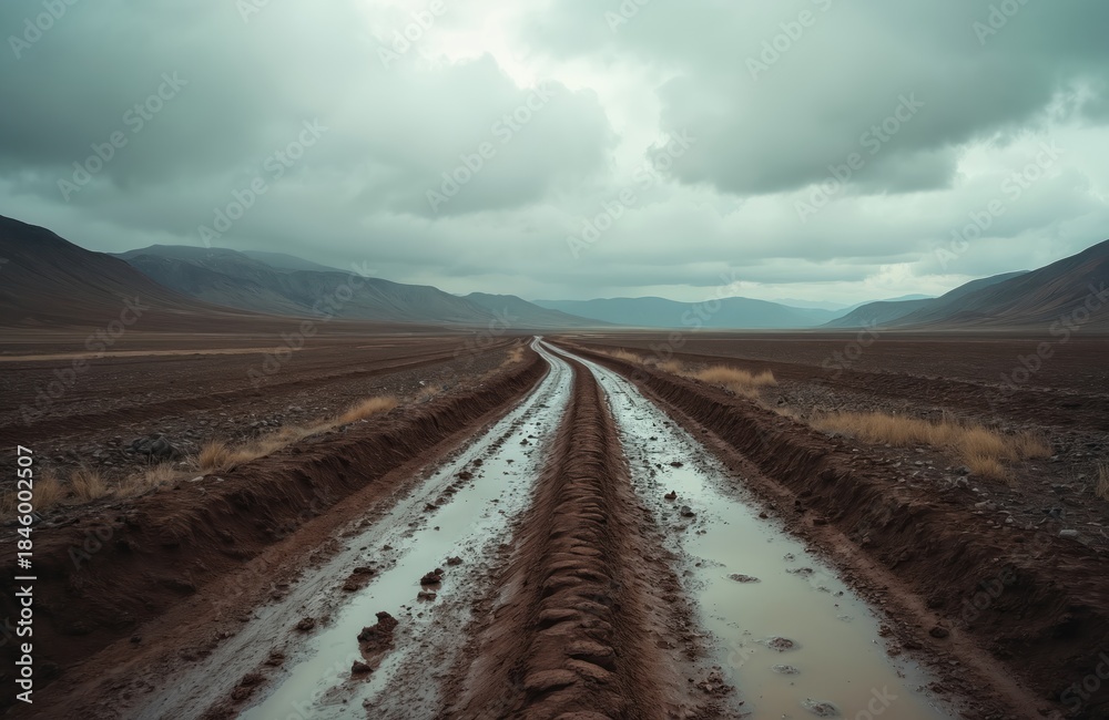 Fototapeta premium Muddy dirt road cuts through barren landscape. Tractor tire tracks mark wet brown earth under overcast sky. Remote offroad terrain, challenging travel path.