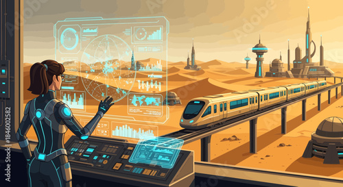 Woman Operating Control Panel Futuristic Train.