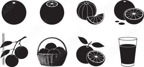 Collection of black fruit and egg vector icons with citrus and basket orange lemon