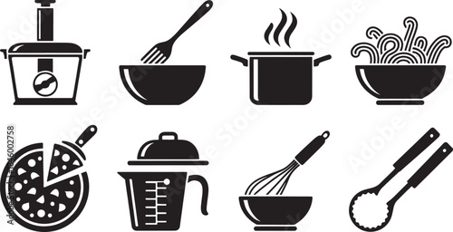 Collection of eight black and white cooking icons on white background food processor fork