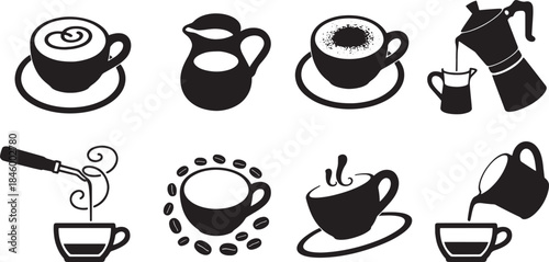 Collection of nine black coffee related vector icons and illustrations espresso cappuccino