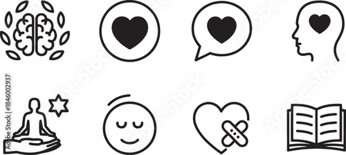 Collection of nine black outline icons representing mental health and well being concepts brain leaves