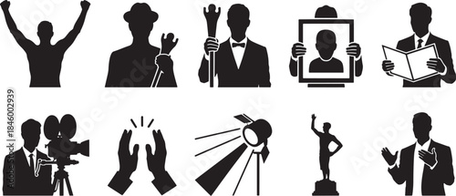 Collection of nine black silhouette icons depicting people in various poses and activities white background