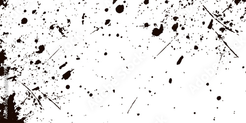 Grunge black ink splat and liquid paint splashes create a dark textured pattern with flying water droplets in this vector illustration silhouette on a white background