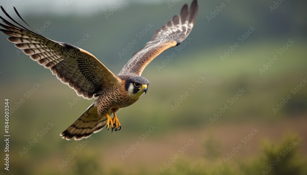 Obraz premium Peregrine falcon in mid air. Bird of prey with wings spread soars over blurred green landscape. It shows sharp eyes and talons ready for hunt.