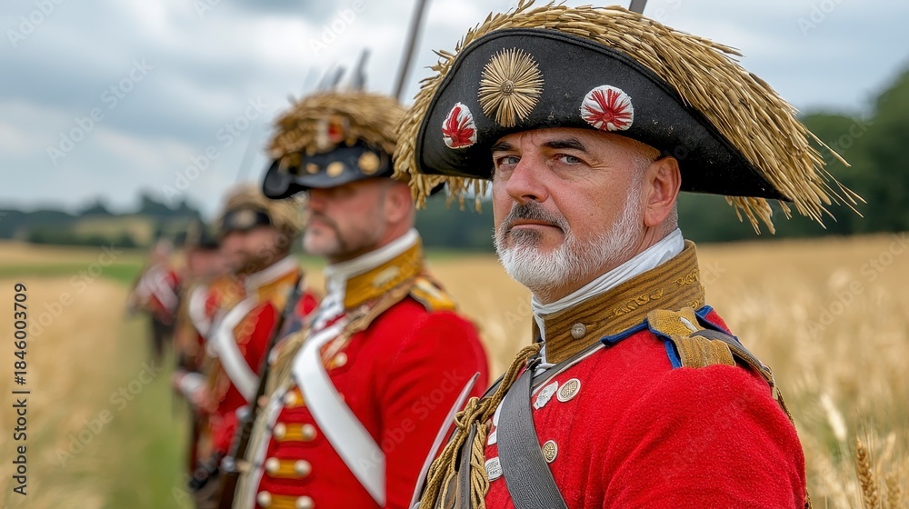 Fototapeta premium Historical Reenactors in Red British Army Uniforms Stand in Wheat Field on Cloudy Day
