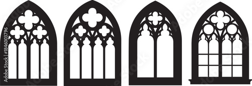 Set Of Gothic Window Frames Silhouette Black and White Architectural Vector Illustration