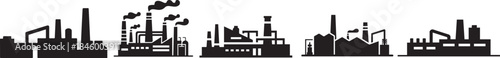 Set of Factory Silhouette Vector Illustration, Black and White Industrial Building