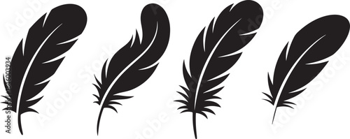 Set of Feather Silhouette Vector Illustration, Black and White Minimal Nature Icon