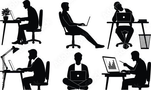 Laptop silhouette, working, relaxing, thinking, presenting, meditating, desk, chair, posture, black profile, minimal, abstract, concept, technology, study, data, emotion, productivity, 