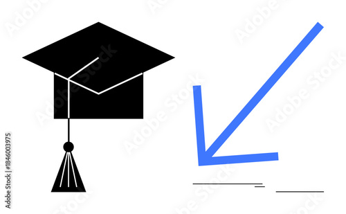 Black graduation cap and blue downward arrow visualizing education challenges, economic decline, or career uncertainty. Ideal for education trends, economics, career planning, data analysis