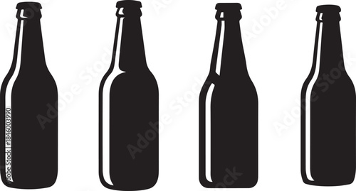 Set of Beer Bottle Silhouette Vector Illustration, Black and White Beverage Icon