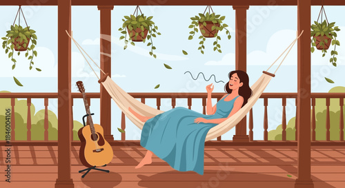 Woman Relaxing on a Porch Swing.