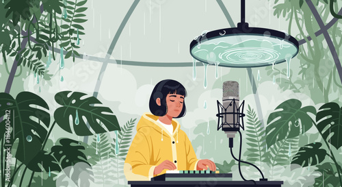 Woman Recording Music in Studio Surrounded Plants.