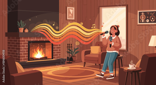 Woman Singing into Hairbrush by Fireplace.