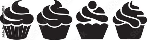 Set of Sweet Cupcake With Cream Silhouette Black and White Dessert Vector Illustration
