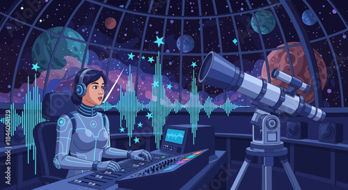 Astronaut Analyzing Data with Telescope.