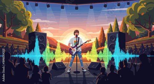 Guitarist Performing on Outdoor Stage at Sunset.