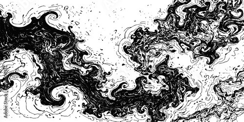 Abstract black and white background with grunge ink splatters, paint spray textures, and a floral silhouette pattern inside a dirty vector frame border design