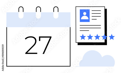 Calendar page showing a specific date next to a user profile with stars rating above a cloud. Ideal for scheduling, appointments, reviews, planning, feedback, hiring, evaluations