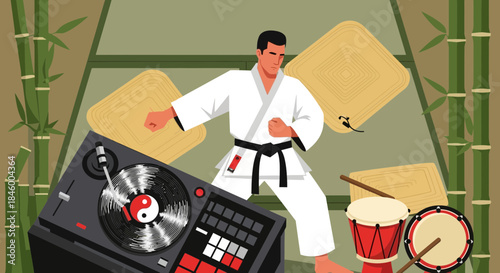 Man in Karate Uniform with DJ Equipment.