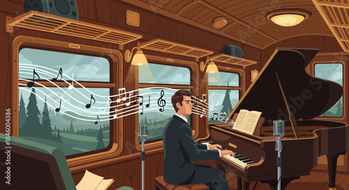 Man Playing Piano on Train Journey.