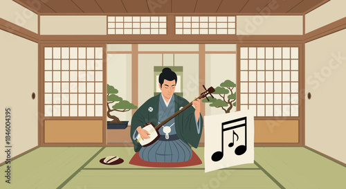 Man Playing Shamisen in Traditional Room.