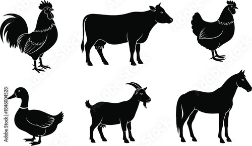 Farm animal silhouettes, rooster, cow, hen, duck, goat, horse, black profile, minimal, educational, agriculture, livestock, rural, barnyard, domestic animals, vector, icon, child-friendly,