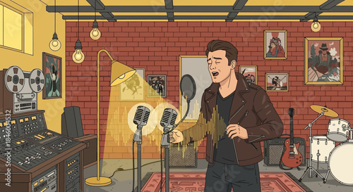 Singer Performing in a Recording Studio.