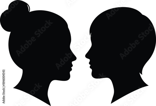 Silhouette, profile, human face, communication, duality, contrast, black, white, symmetry, bun hairstyle, short hair, concept, minimal, abstract, emotion, 