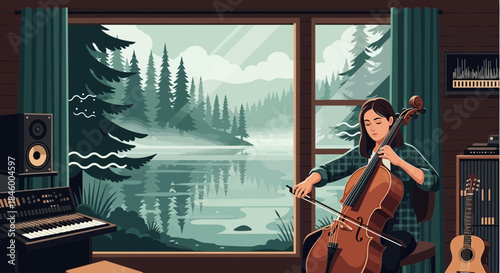 Woman Playing Cello in a Cozy Room.
