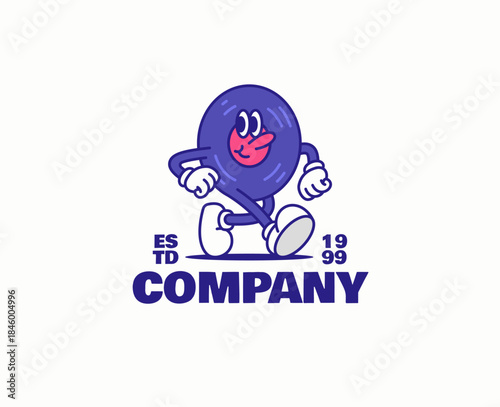 Hand drawn cartoon illustration of a cute vinyl mascot walking confidently with company typography. playful vector character design ideal for branding, logo, merchandise