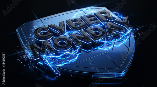 Cyber Monday Glossy Black 3D Text With Blue Futuristic Electric Effects