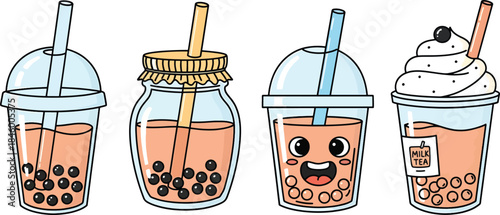 Bubble Tea Drinks Vector Set – Cute Boba Cup Illustrations, Kawaii Milk Tea Icons, Bubble Drink Collection Art