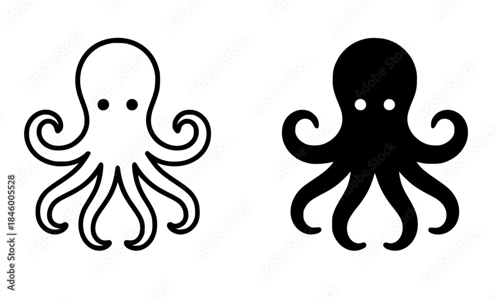 Obraz premium Seafood icon, octopus illustration, black and white, outline and silhouette versions