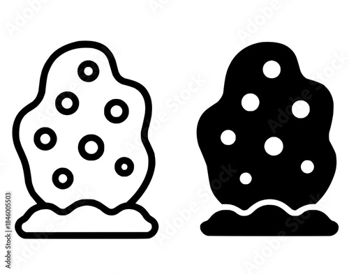 Seafood icon, sea sponge illustration, black and white, outline and silhouette versions