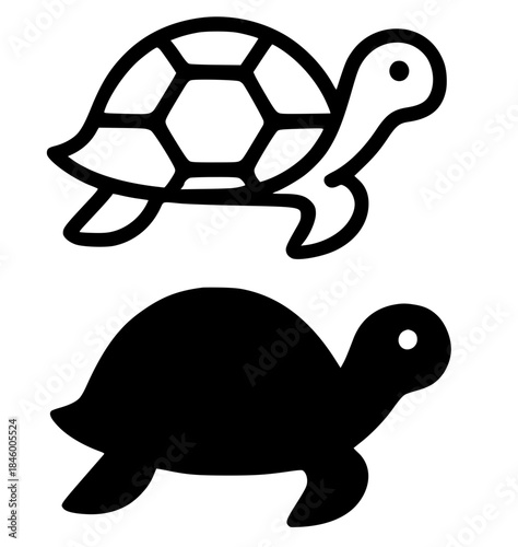Turtle illustration, black and white, outline and silhouette versions