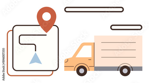 Map with route and pointer guiding delivery van. Ideal for navigation, logistics, delivery tracking, shipping, transportation, road planning, and logistics apps. Simple flat metaphor