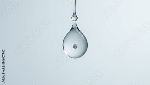 A crystal-clear water droplet suspended in mid-air, containing a single, filtered-out microplastic particle.