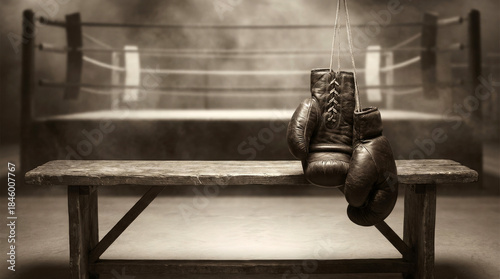 Gloves of a Champion: A pair of well-worn boxing gloves hangs in the quiet of a vintage boxing ring. A bench stands ready to receive the next fighter. This image conveys a sense of strength, skill.