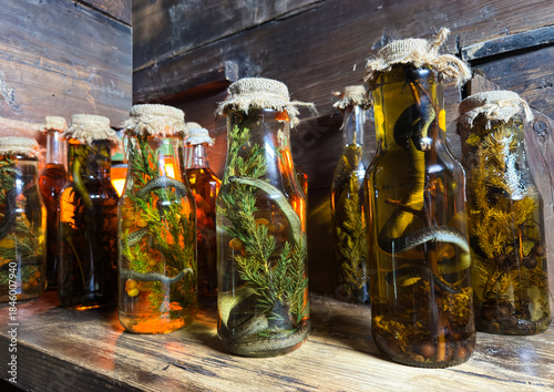 Traditional carpathian snake vodka bottles with herbs