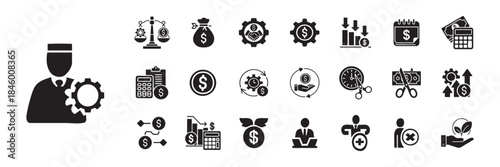 Financial Cost Reduction Icon Pack in Solid Glyph Dual Color Design with Savings, Efficiency, Cut, Reduce, Optimize, Lower, Minimize, Control, Budget, and Slash
