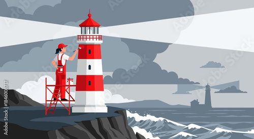 Lighthouse Keeper Standing Beside Red White Lighthouse.