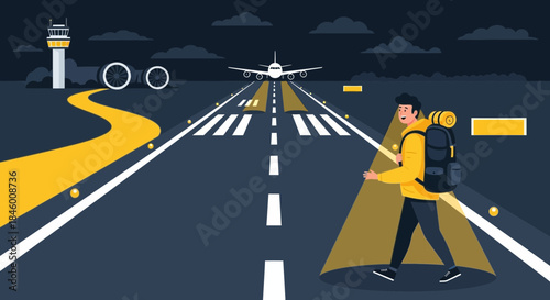 Man carrying luggage on airport runway.