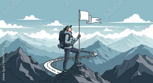 Man Standing on Mountain Peak with Flag.