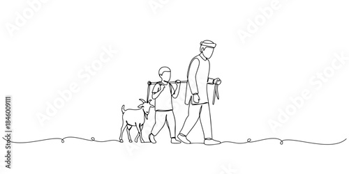 Continuous one line drawing of men and boys carrying goat rope together, representing the value of education and sacrifice, the Islamic holy days, Eid al-Fitr, Eid al-Adha, line art style vector illus